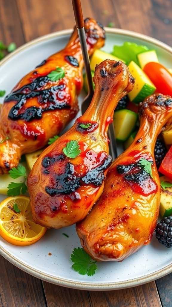 Grilled chicken drumsticks glazed with marinade, garnished with parsley, served with salad and vegetables on a rustic table.